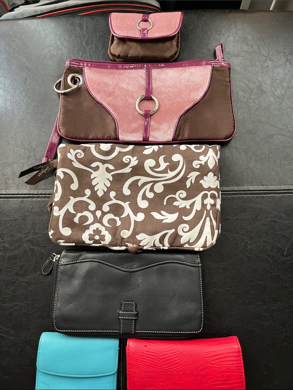 Source Unknown Pink and Brown Multi-Pouch Clutch Set with Blue and Red Accents